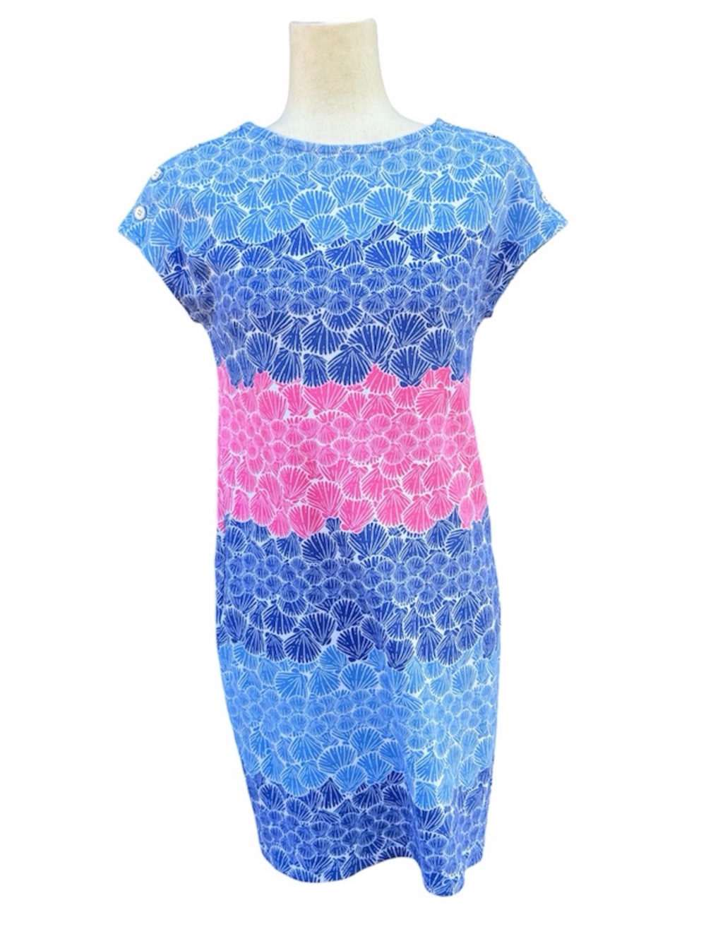 Talbots seashell Stripe cotton Shift Dress Blue Pink w white silver buttons SP